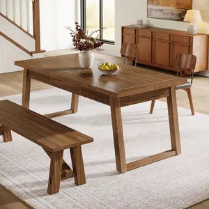 Tribesigns 55-Inch Dining Table with Storage Drawer for Dining Room, Rectangular Mid-Century Modern Dinner Kitchen Table with Solid Wood Legs for 4-6 People, Walnut Brown
