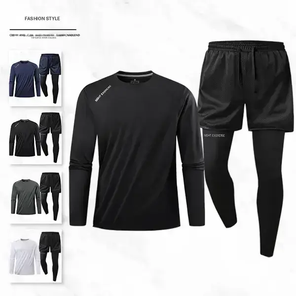 Men's sports set, featuring a long sleeve top with trendy athletic style and mesh shorts or leggings. Quick dry breathable fabric keeps you dry at all times. Letter print adds stylish details. Drawstring waistband fits snugly without being tight. Suitable