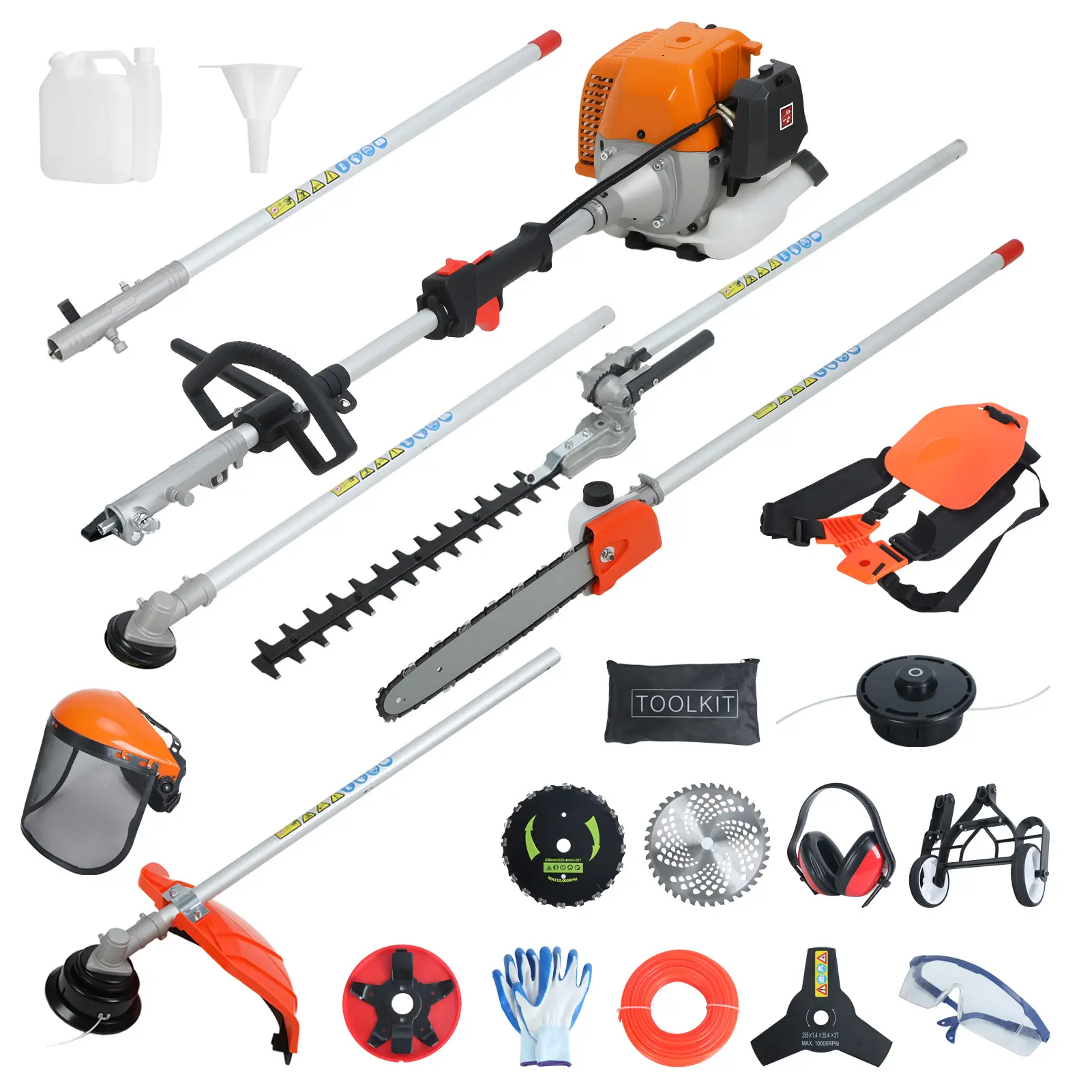 8-in-1 Multi-Functional 52CC 2-Cycle Gas Powered Trimming Tool with Extension Pole, Hedge Trimmer, Weed Eater, String Cutter, Brush Cutter, Edger, Pole Saw Chainsaw Pruner, 1x40T Silver Blade, 1x90-Degree Work Bar, 1xAuxiliary Wheel Set, 1xFunnel, 1 X 40T
