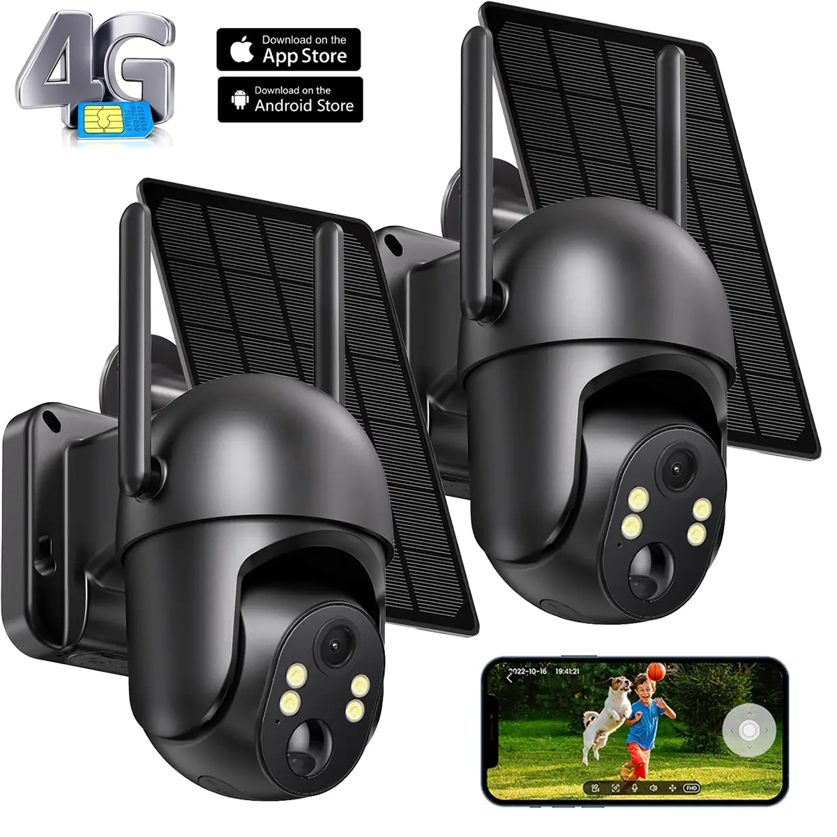 4G LTE Solar Security Cameras Outdoor Wireless - No WiFi Needed, 2K Color Night Vision, 360 °     Live View, PIR Motion Detection, 2-Way Talk, Built-in SIM Card