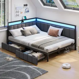 Hasuit Corner Bed Frame with Storage Drawers, Twin Daybed with Line Fabric Upholstered Fence, Kids Bed Unit with LED Light and Charging Station, Modern Bed Frame Twin Size