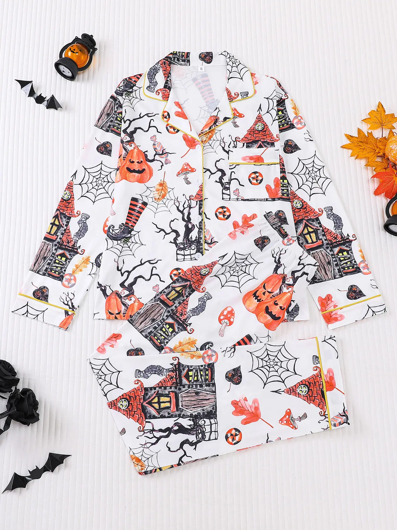 2 pieces of women's Halloween wooden house pumpkin candy printed long sleeved pants lapel pajama set Fitted top pocket elastic waistband suitable for all seasons casual home wear, Casual Sleepwear Loungewear, Pajamas, Pyjamas