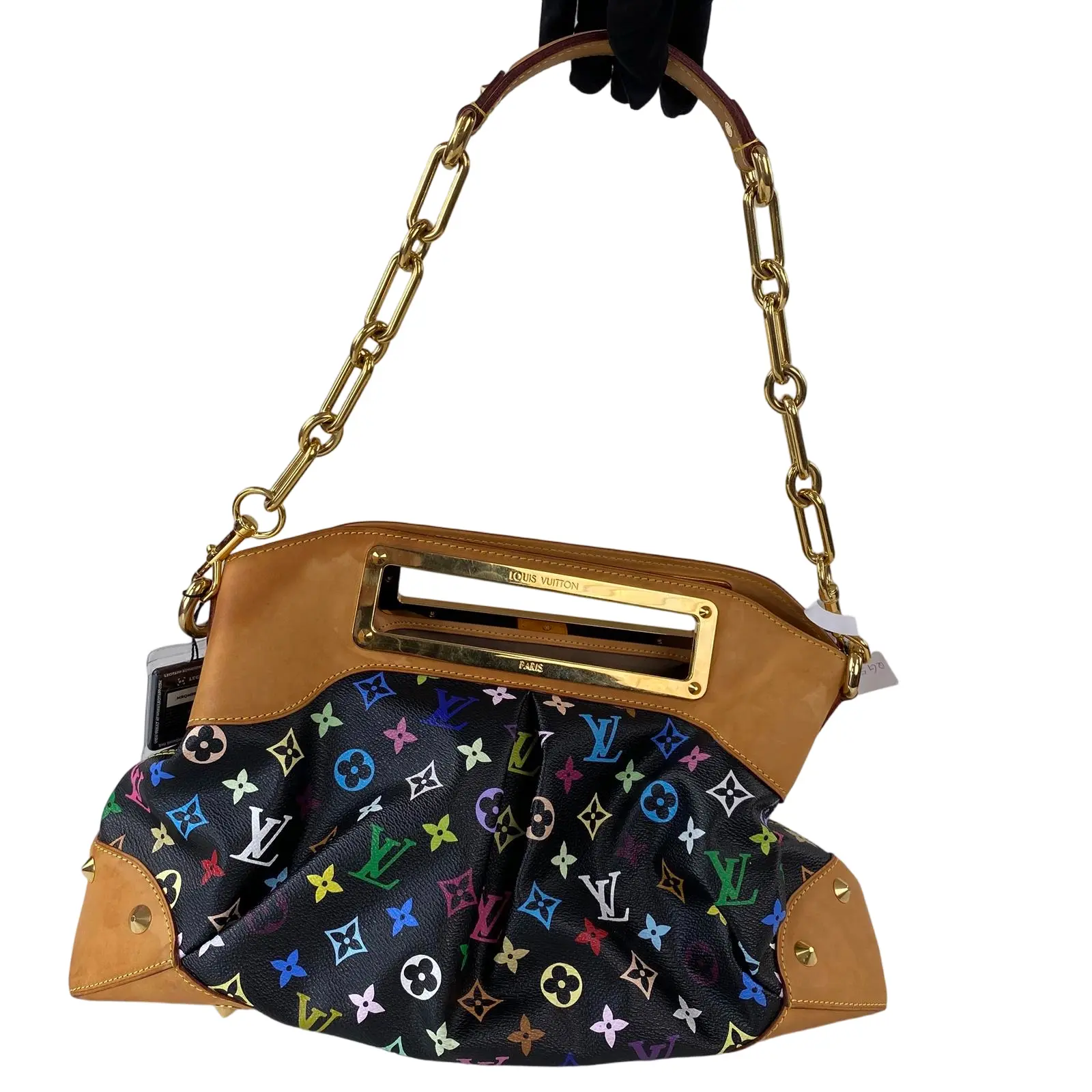Pre-owned Louis Vuitton leather tote bags Judy GM Multicolor Monogram Hobo Bag (Black)++little charm+++