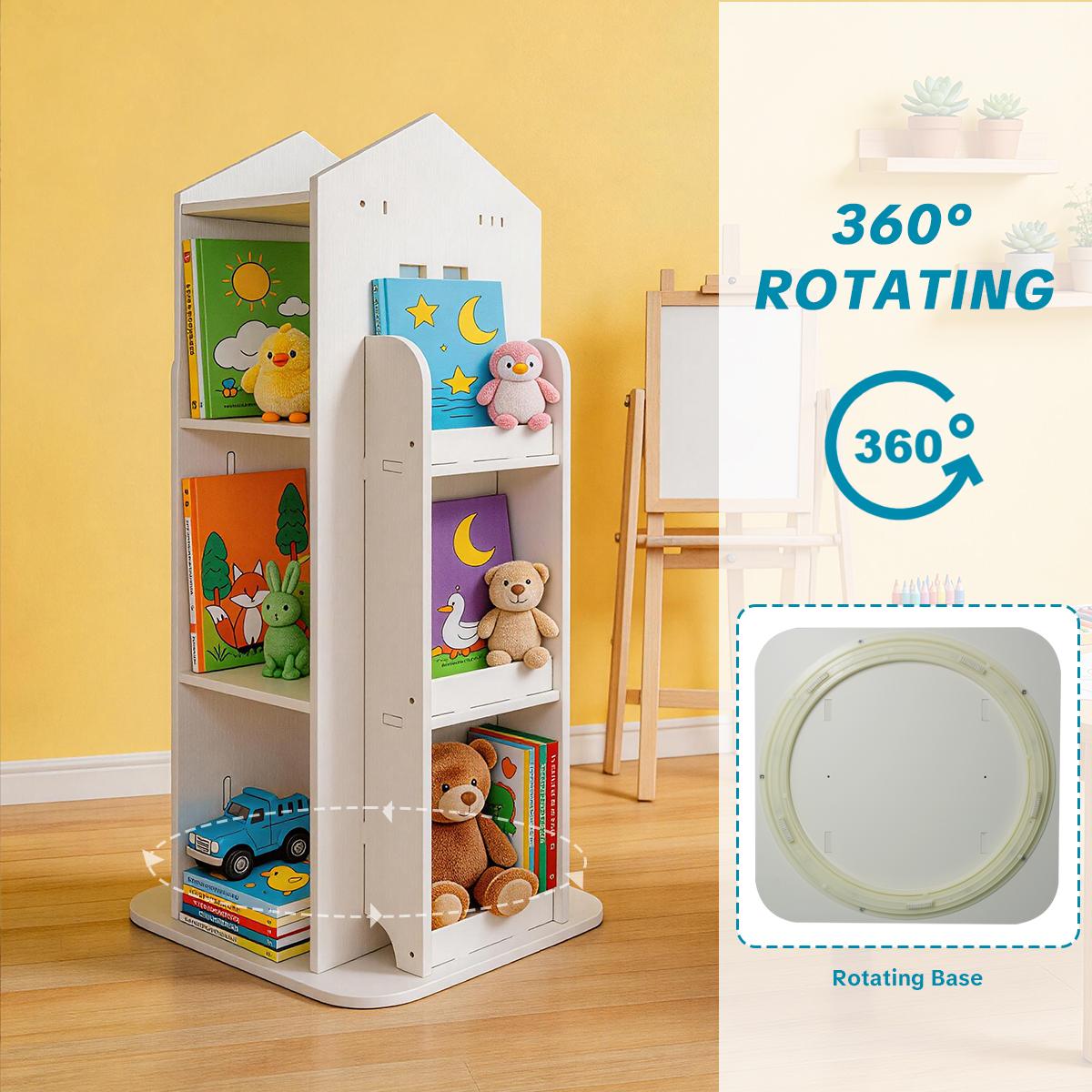 White 4-Tier PVC Corner Shelf System - 360-Degree Rotating Floor-Standing Bookshelf Tower, Space Saving Layered Multi-Shelf Living Room Furniture, Kids Book Organizer for Bedroom Small Spaces