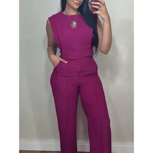 2 Piece Set Crew Neck Cover Sleeve Short Top and Casual Pocket Design Straight-Leg Pants Suit Daily Commute