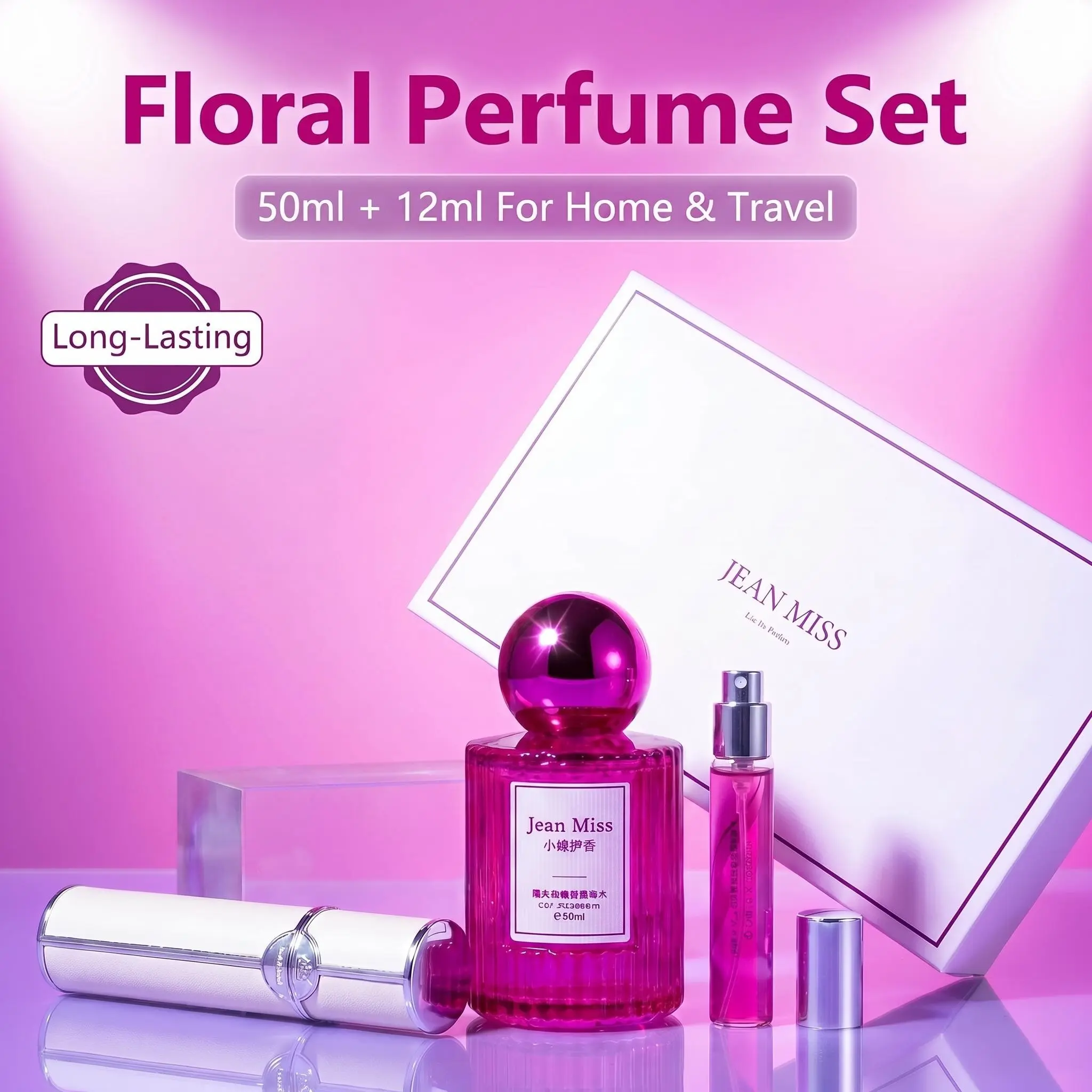 JEAN MISS Rose Perfume Gift Box 50ml+12ml with Portable Spray Case | Oriental Floral Fruity Woody Aroma | Litchi Bergamot Blackcurrant Rose Cedarwood Musk Honey Notes | Long Lasting Perfumes, Rose Vibrant for Women, Perfume for Women for Travel Dating