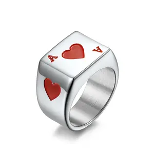 Creative Red Heart Ace Spade Ace Titanium Steel Ring Men's Lucky Playing Card Ring Party Jewelry