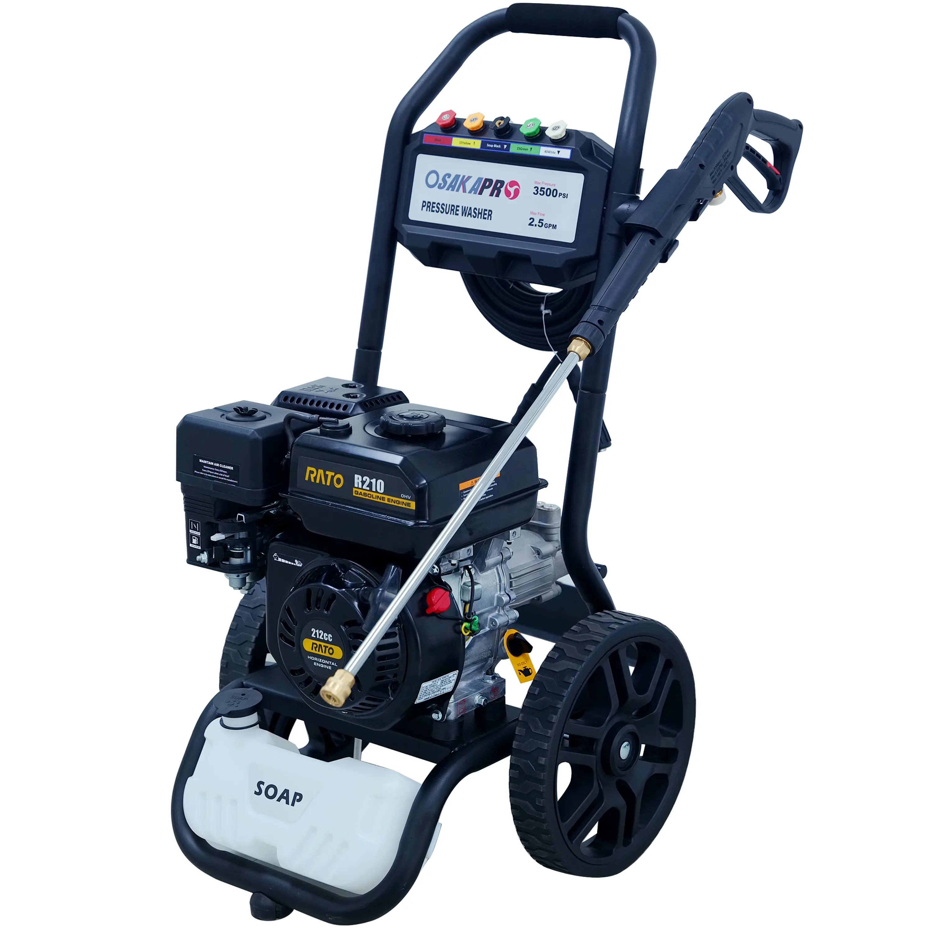 3500PSI Gas Pressure Washer, 2.5GPM Gas Powered High Pressure Washer with 212CC RATO Engine, 5PCS Adjustable Nozzles, Onboard Soap Tank, Spray Gun and Wand, Multi use