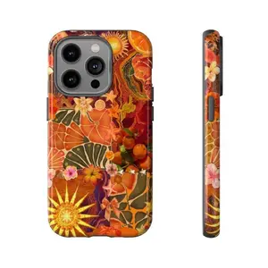 Vibrant Sunset Inspired Tropical Florals Oranges Artistic Patterns Orange Collage Art Tough Phone Case. Chic Summer Vacation Aesthetic Rugged Shockproof Protective Cover For iPhone 17 Pro Max 16 Air 15 14 13 12 11.