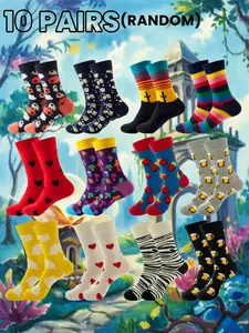 10 Pairs Random Fun Mid-Calf Sock Set, Heart, Fries, Mushroom Patterns Print, Vibrant Colors, Soft, Breathable, Casual & Commute Friendly