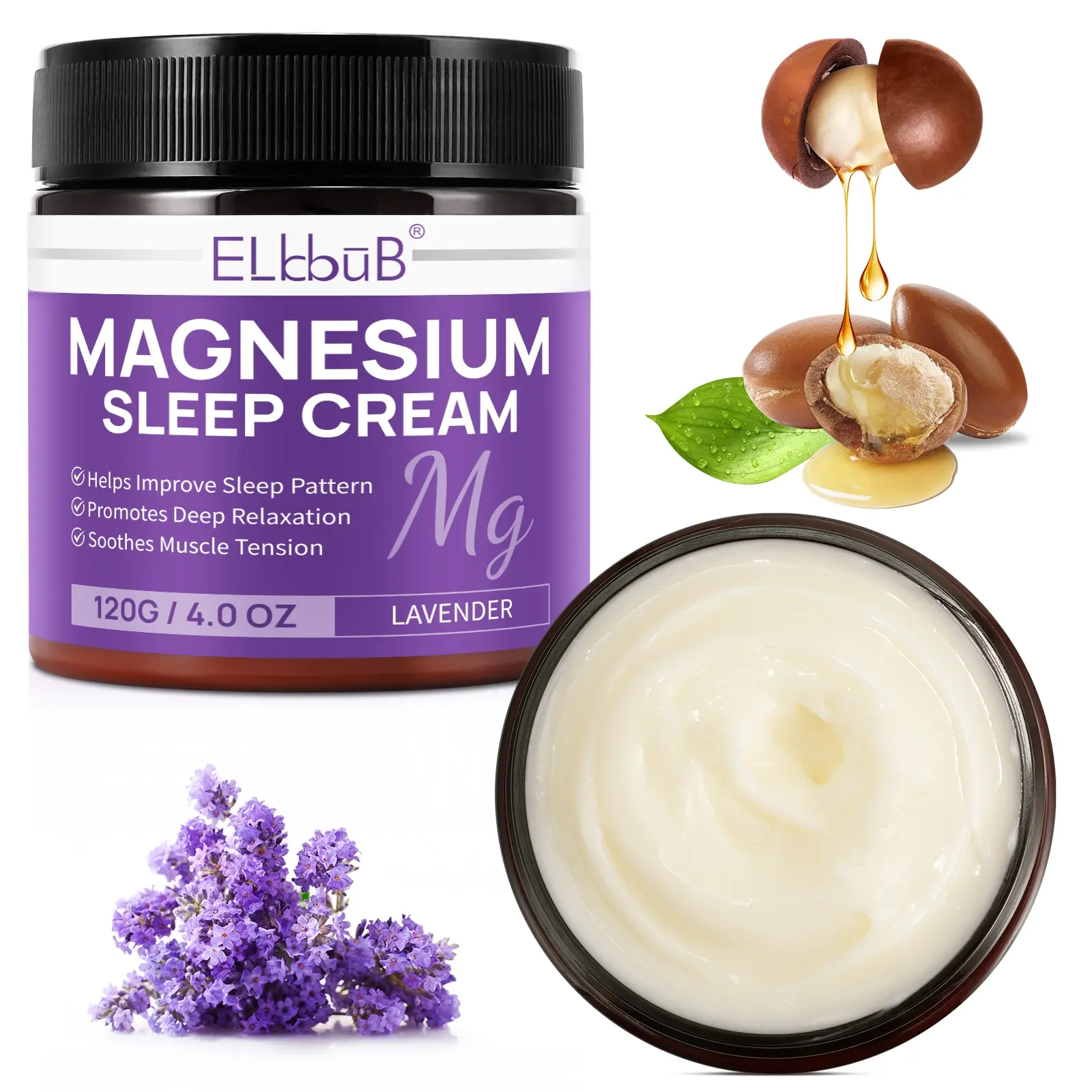Elbbub Lavender Magnesium Sleep Cream 120g, All-Natural Ingredients, Long-Lasting Relaxation Soothing, Muscle Relief, Suitable for All Skin Types, Daily Moisturizing Body Cream, Daily Moisture, Body Care Moisturizer, Body Care Sensitive