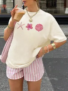 Women's Summer New Simple Shell & Starfish Print Casual Vacation Style Round Neck Apricot Short Sleeve T-Shirt