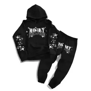 Letter and star print hoodie and sweatpants set, regular fit casual street long sleeved hooded pullover and jogging pants, Unisex spring and autumn outfit