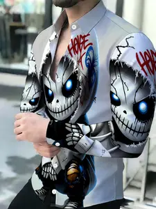 Men's Breathable Lapel Long Sleeve Cardigan with Unique Graffiti Skeleton Print
