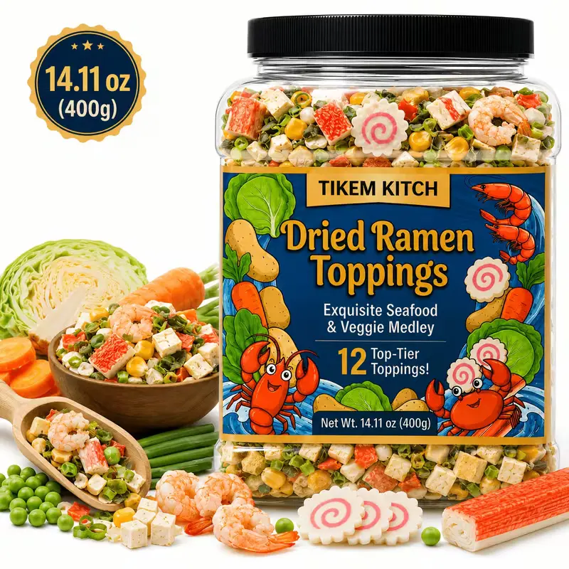 Sugar-Free Asian Noodles Topper Blend - 14.11 oz Large Ambient Cupboard Jar with 12 Assorted Add-Ins (Shellfish, Corn, Peas, Tofu Cubes, Narutomaki, Crab Stick, Cabbage, Vegetable Bits) for Soups, Meals