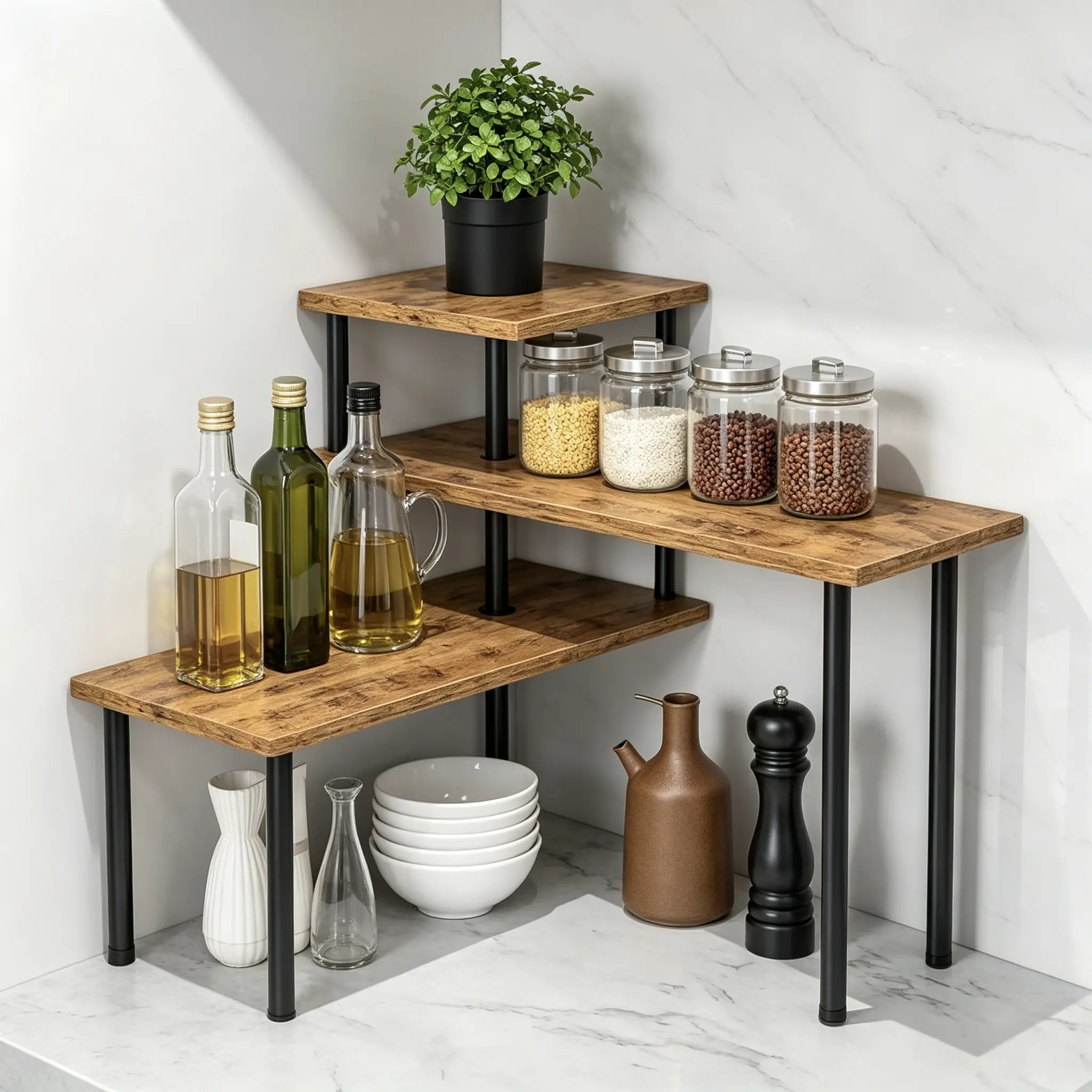 Brown Wooden 3-Tier Multi-Purpose Storage Rack, Desktop Countertop Organizer Shelf For Kitchen, Home Decor And Daily Supplies Storage