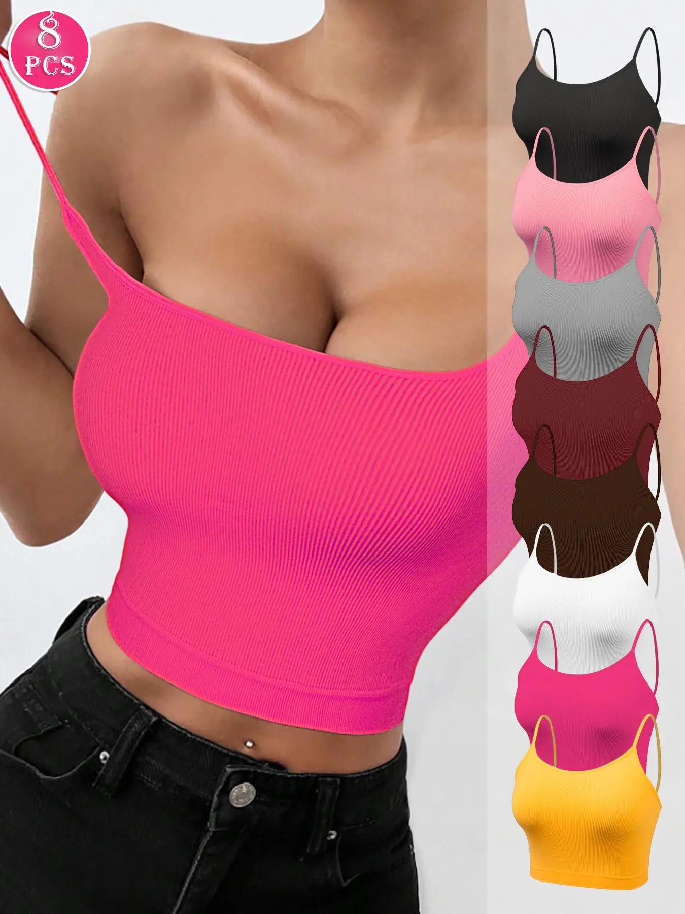 8 Pieces Women's Solid Wireless Bra, Stretchy Comfortable Breathable Bra, Ladies Lingerie for All Seasons, Fitness Training Clothes, Yoga Sports Bra Seamless Activewear Workout Ribbed SpringStatements