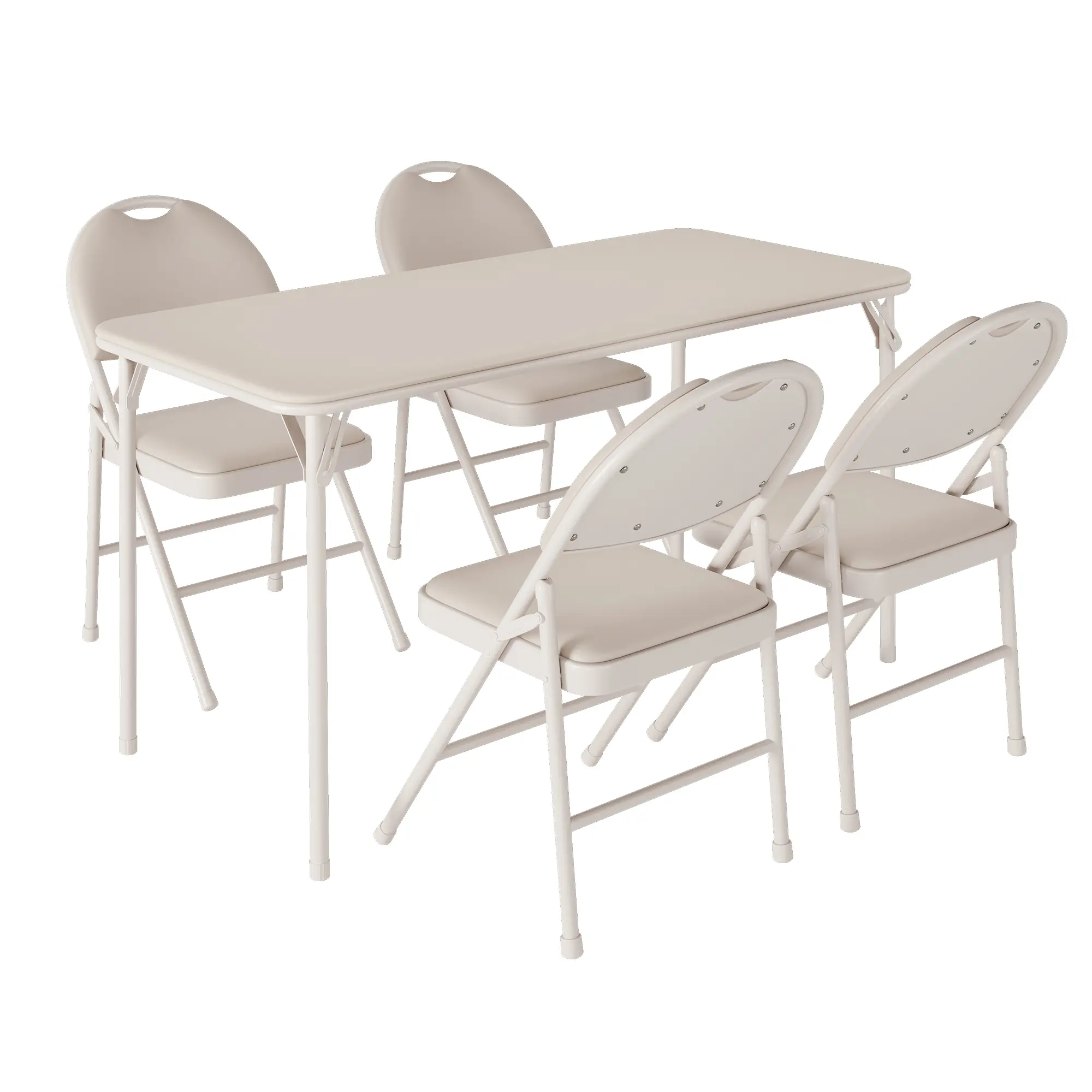 Space-Saving 5-Piece Folding Dining Table and Chair Set - Portable PU Upholstered Card Table with 4 Padded Chairs - Heavy-Duty Metal Frame - For Dining Room, Office, Camping, Indoor/Outdoor (Beige/Grey/Black)