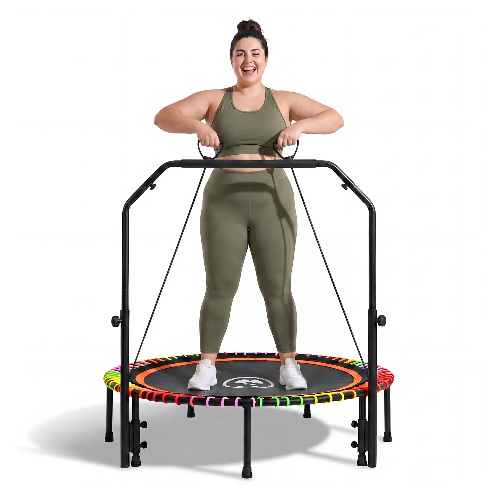 FUNSEEK 48" Foldable Mini Trampoline for Adults & Kids, Quiet & Stable Fitness Rebounder with 4-Level Adjustable Handlebar, Resistance Bands Included, Supports Up to 650 LBS