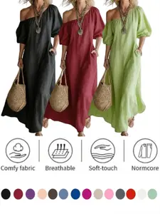 2026 Vacation Style Casual One-Shoulder Linen Bubble Sleeve Loose Fit Slimming A-Line Long Dress for Women, Comfortable and Stylish Summer