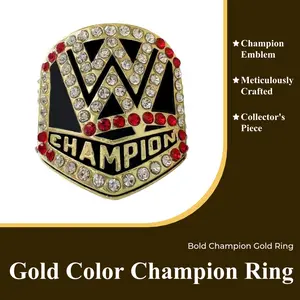 Gold-Tone 2016 Championship Ring for Collectors with Bold "CHAMPION" Inscription and Sparkling Gemstones, Professional Wrestling 'W' Emblem Replica Accessory, Size 11, Accessories
