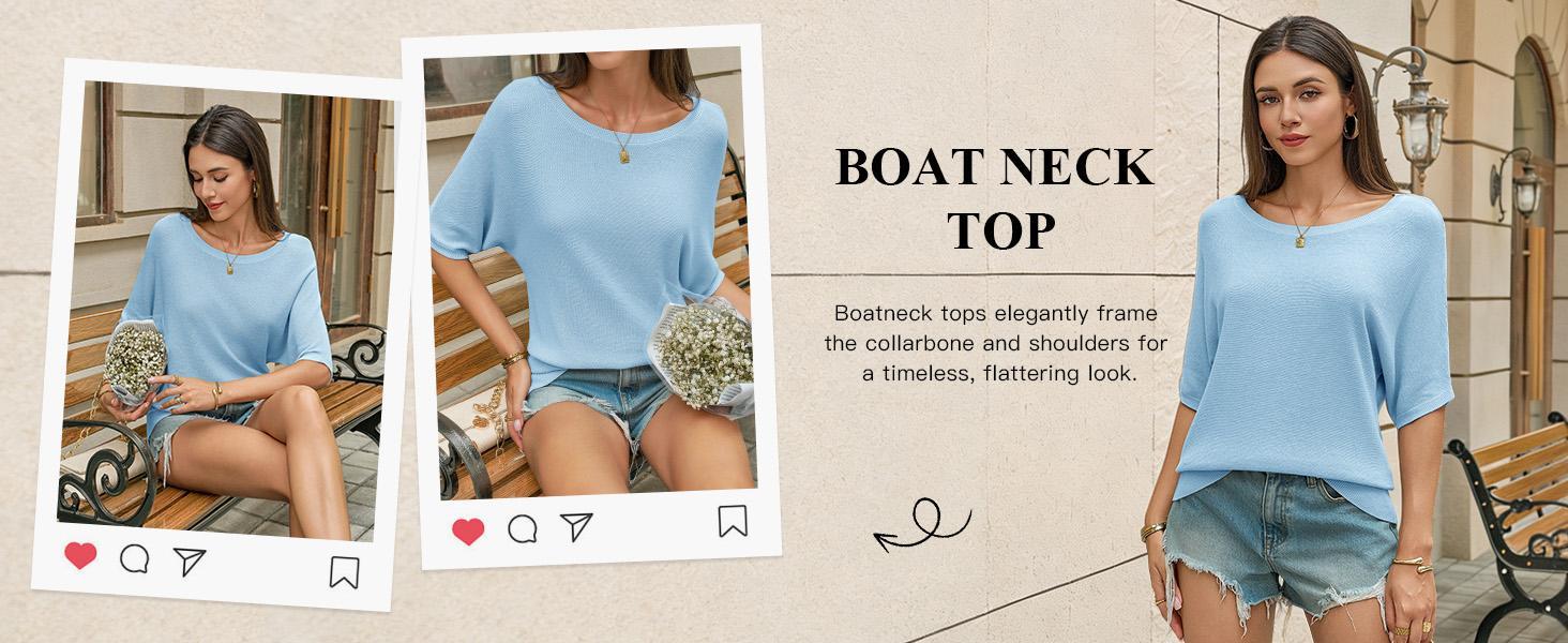 Imily Bela Womens Short Sleeve Sweater Summer Batwing Trendy Casual Boat Neck Lightweight Loose Fitting Knit Tops