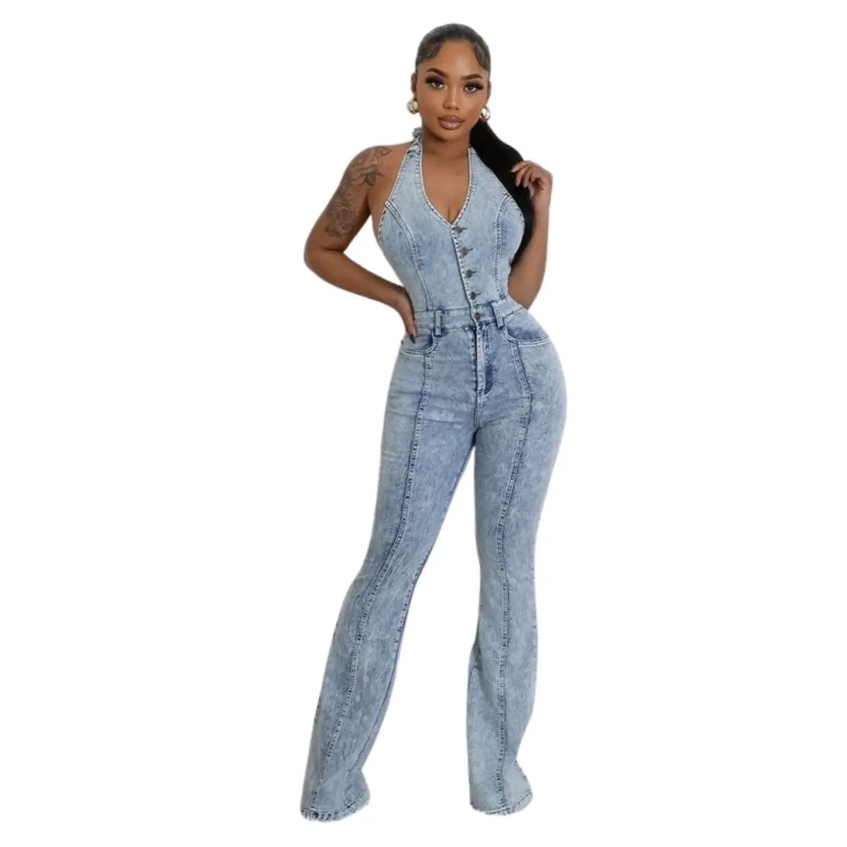 La Belle Semi-Stretch Denim Halter V-Neck Open back Jumpsuit womenswear