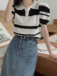 Spring Autumn High Elasticity Mixed Color Striped Knitted Sweater, Women's Casual Long Sleeve Pullover, Comfortable and Stylish Clothing