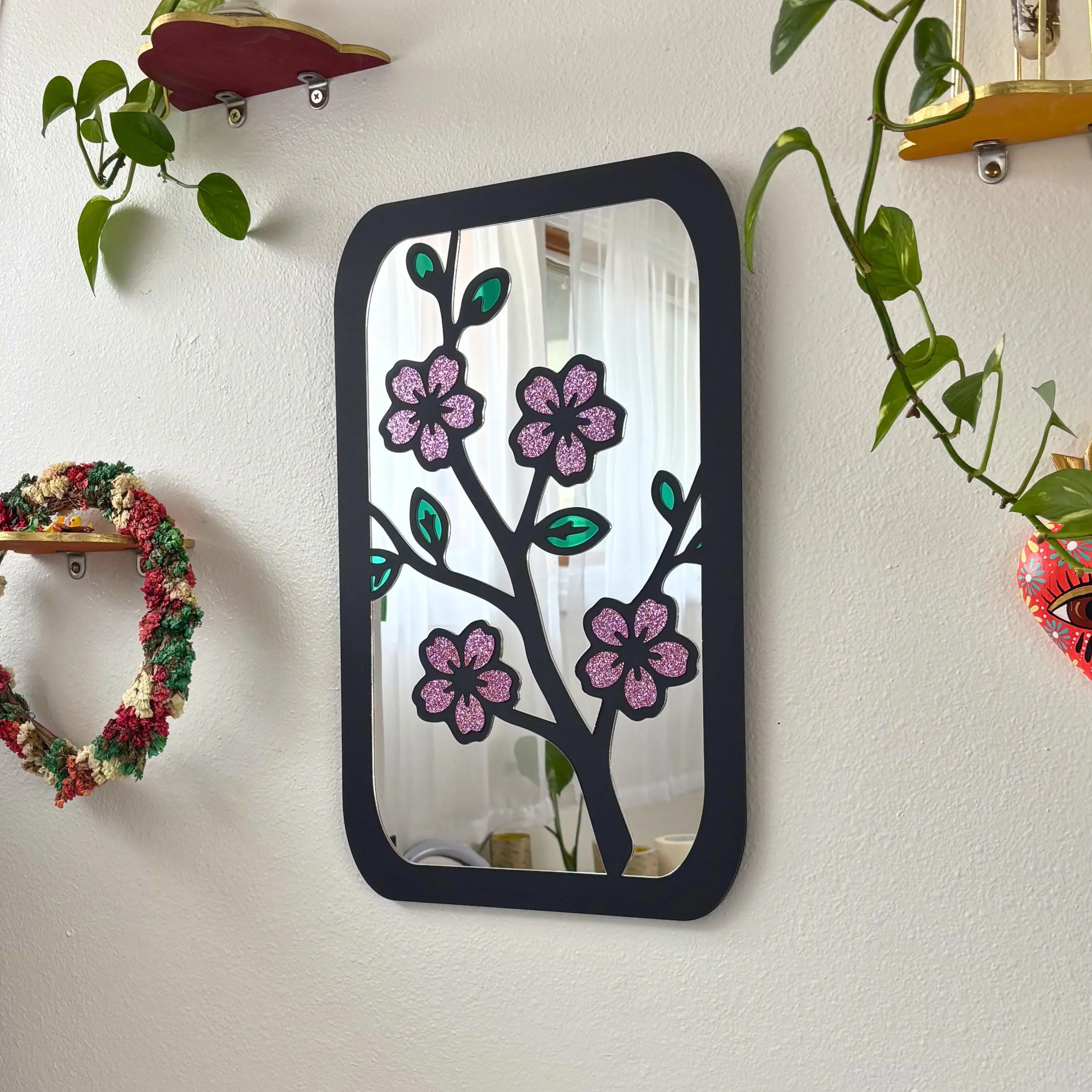 Handmade Rectangle Cherry Blossom Wall Hanging Mirror - Hero Home Decor, Vanity Aesthetic Room Art, Home Reflections Accessory with Pins (11.5x18.25in)