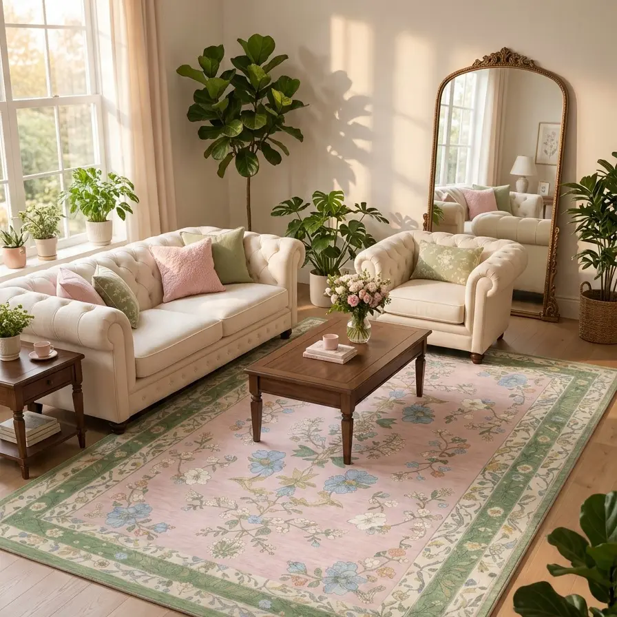 【Back To School】GENIMO Area Rugs for Living Room, Machine Washable Non Slip Vintage Rugs, Low Pile Lightweight Chenille Print Rug for Bedroom, Dining Room, Home Office, Light Green Pink