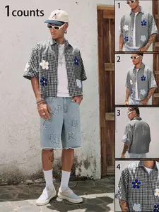 Men's Floral Embroidery Checked Plaid Short Sleeve Crop Shirt, Button Down Shirt, Regular Fit Casual Breathable Comfy Gingham Trim Shirt for Summer, Men's Top for Daily Wear, Fitted