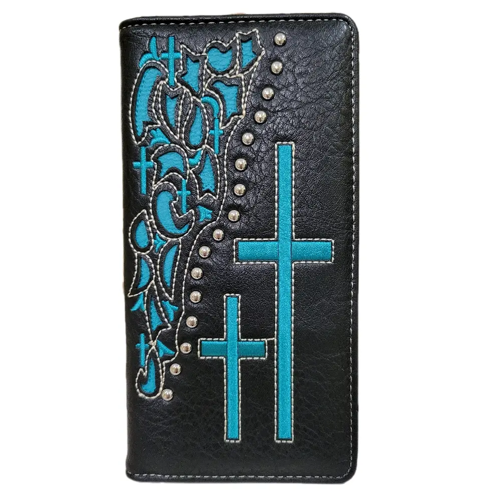 Cross Western wallet Cowboy wallet Religious wallet lasercut two layer  embroidered faux leather long checkbook bifold wallet black and teal