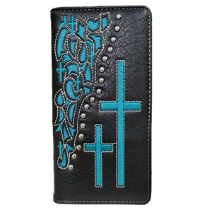 Cross Western wallet Cowboy wallet Religious wallet lasercut two layer  embroidered faux leather long checkbook bifold wallet black and teal
