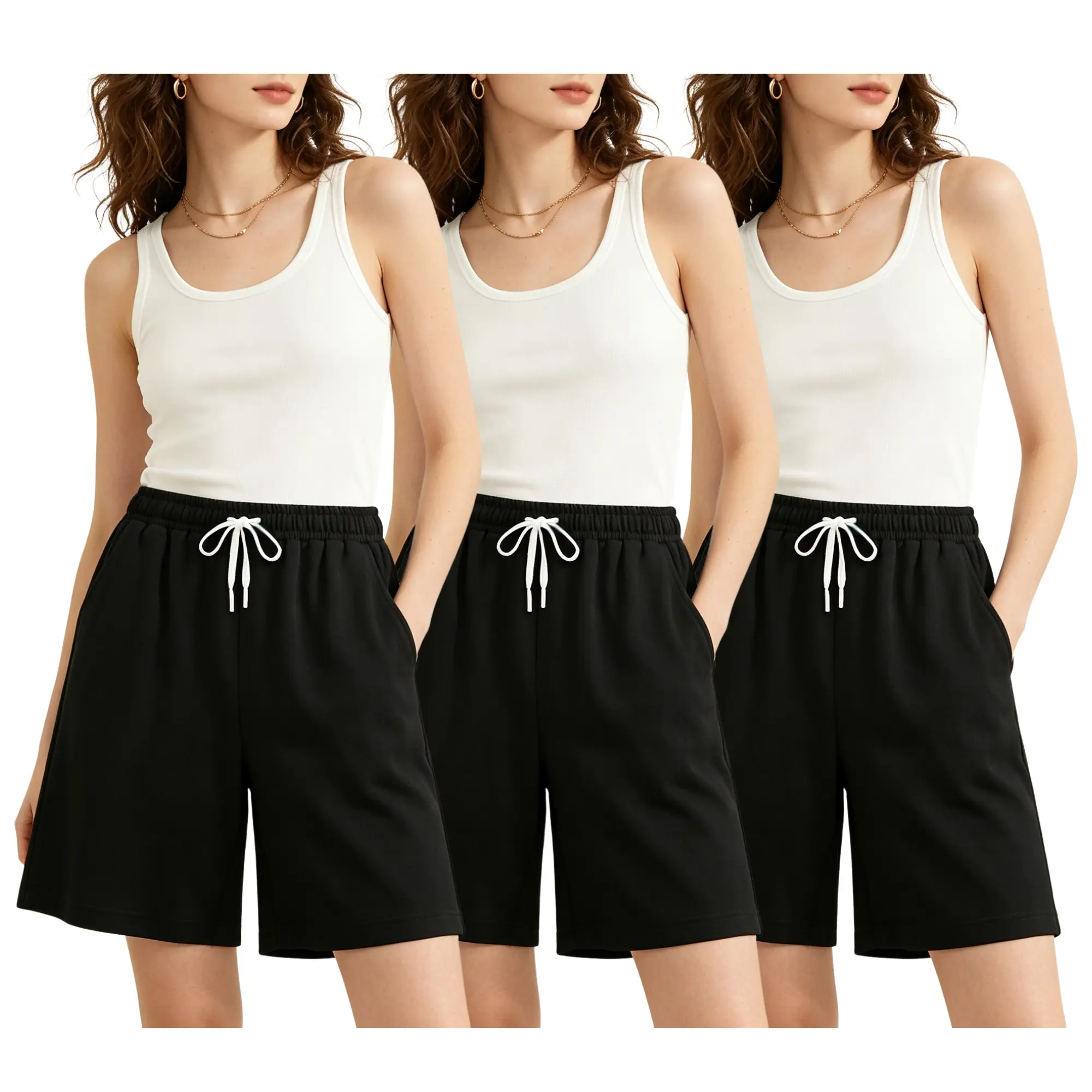 (3-Pack)Women's Basic Activewear Shorts Set, Summer Solid-Color Sportswear Bottoms with Drawstring & Pockets, Athletic for Outdoor Activities & Gym Workouts, Mid Waist, Polyester, Outdoor Wear, 3Pcs, Casual, Normal Type, Short Length, Fashion