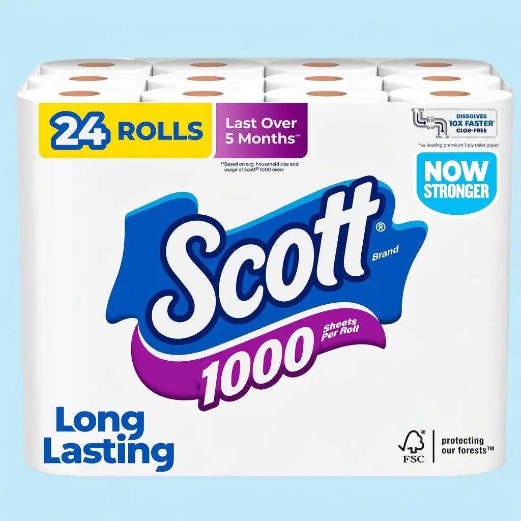 Scott 1000 Toilet Paper 24 Rolls 1000 Sheets Per Roll 1-Ply Septic Safe Dissolving Bath Tissue Bulk Pack For Bathroom