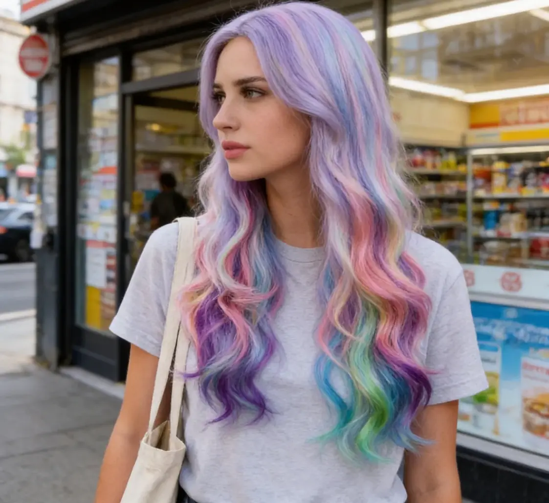 Female High-Quality Fiber Synthetic Hair Rainbow Hues Long Wavy Wig, Natural Look Full Machine-Made, for Parties, Halloween Daily Wear Fashion Accessory