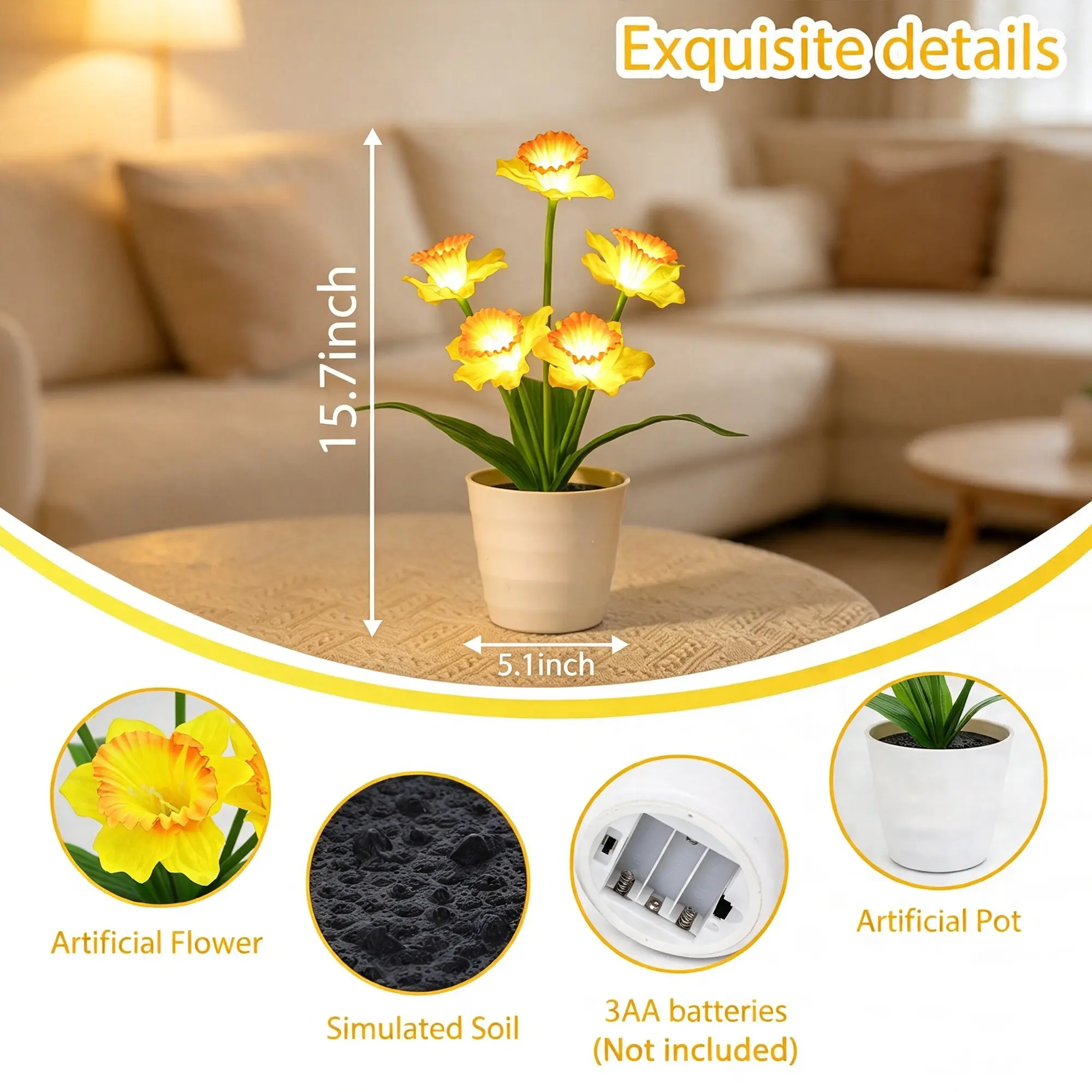 LED Artificial Daffodil Flower Lamp, Battery Operated Potted Bonsai Table Lamp, Warm Light Decorative Night Light for Bedroom Living Room, Ideal Gift for Birthday Christmas Housewarming
