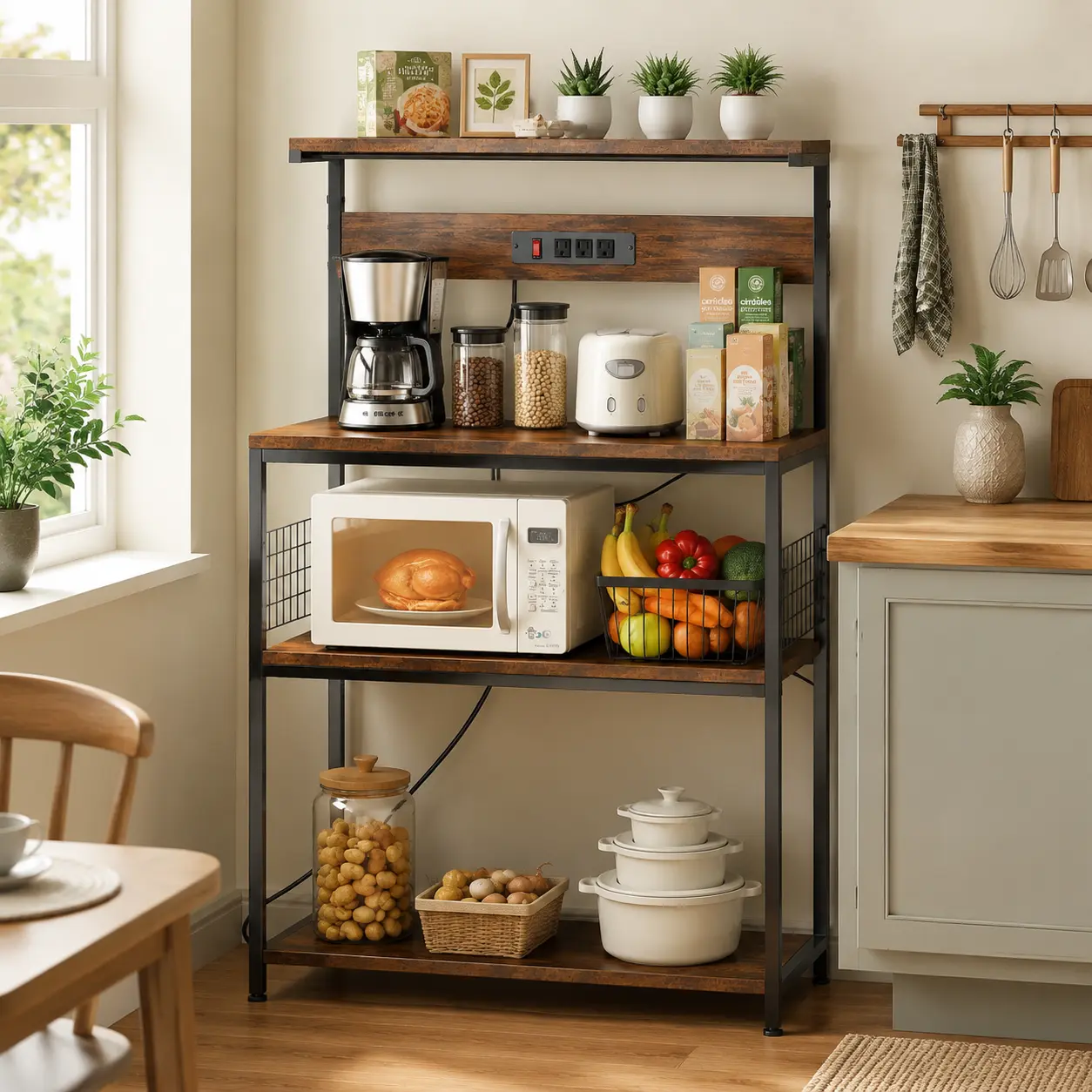 Kitchen Bakers Rack with Power Outlet, Coffee Bar Table 4 Tiers, Kitchen Microwave Stand with 6 S-shaped Hooks, Storage Shelf Rack for Spices, Pots and Pans