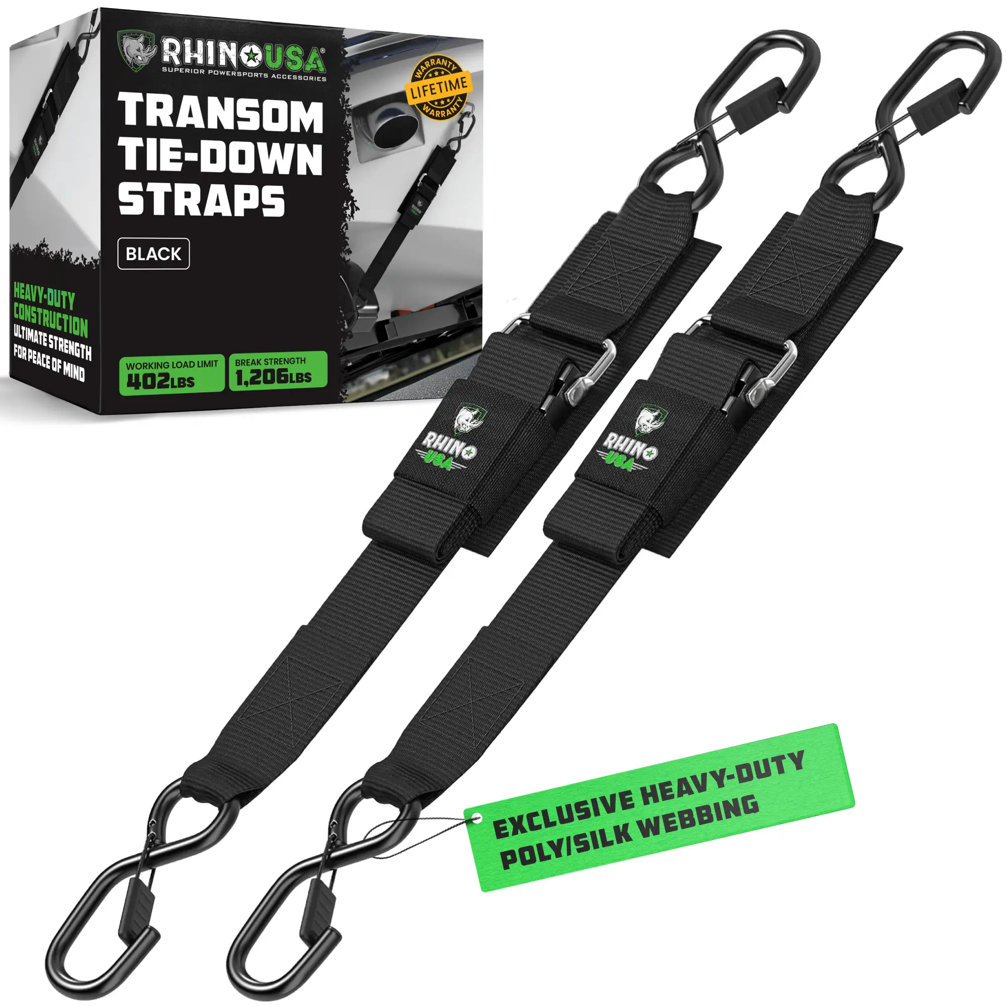 Rhino USA 2" x 4' Transom Tie-Down Straps for Boats and Marine Craft - Coated S-hooks & 1209lbs break strength