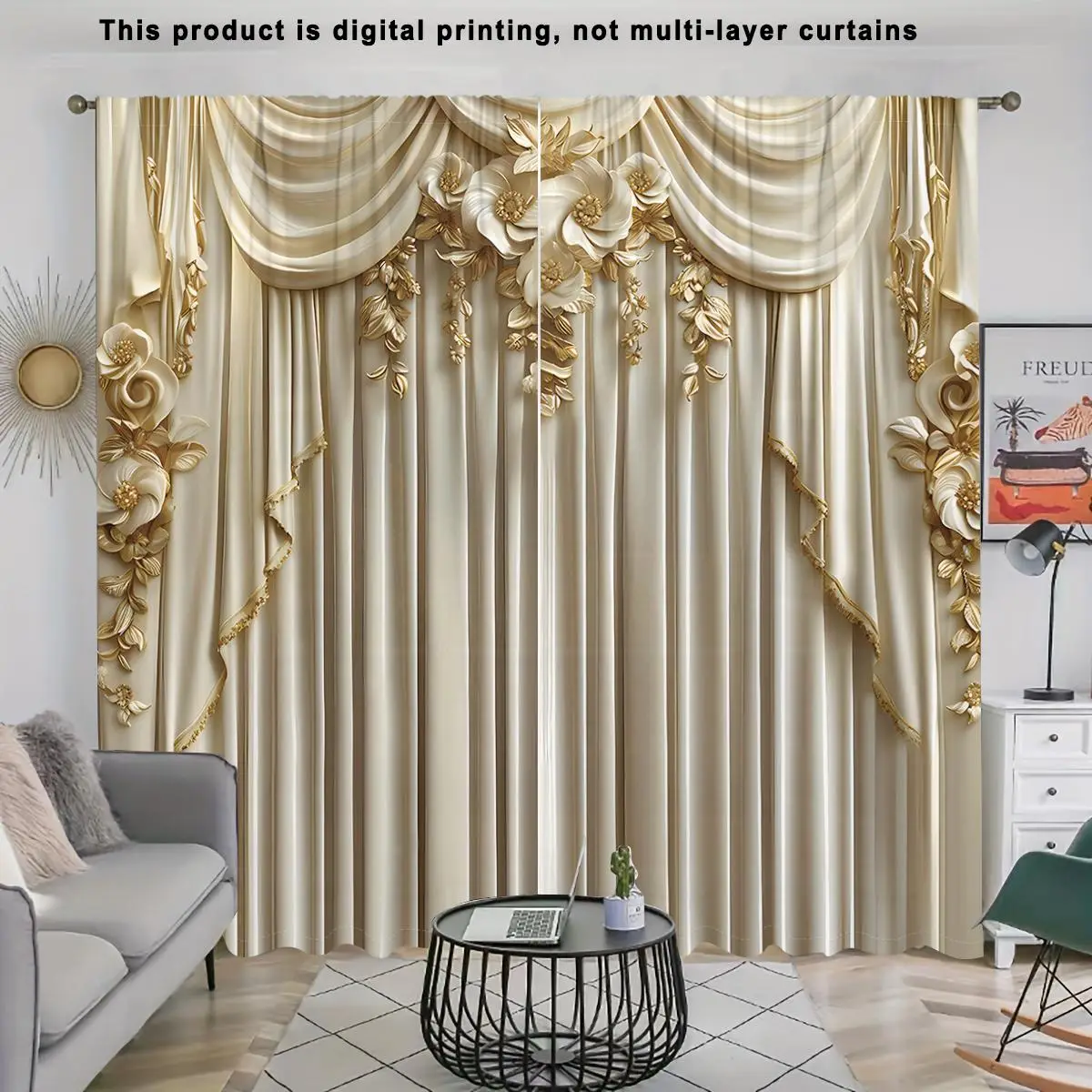 European Style Printed Window Curtain, 2 Counts/set Classic Elegant Curtain, Home Decorative Curtain for Living Room Bedroom Kitchen Study Room, Home