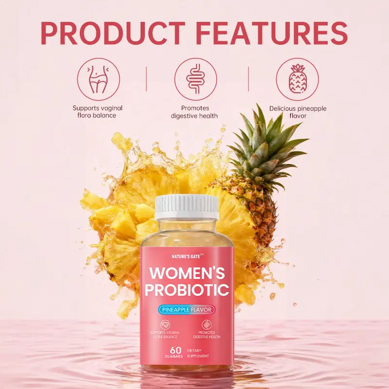 Women's Probiotic Dietary Supplement Bottle, Pineapple Gummies with Prebiotics & Slippery Elm for pH Balance, Immune Support & Digestive Health Relief, 60 Pieces, Prop 65 Safe
