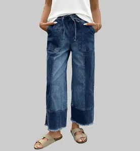 Women's Drawstring High Waist Wide Leg Denim Pants, Seam Detail Raw Hem Cropped Jeans with Big Patch Pockets, 75% Cotton 23% Polyester 2% Elastane, Stretchy Casual Dailywear,Casual Dailywear,Soft Flowy Fabric, Trendy Summer Pants for Streetwear