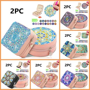 2-piece diamond painting set jewelry box, mandala pattern, non-woven fabric material, painted crystal gemstone mosaic process, suitable for earrings, rings and other small objects storage, Craft