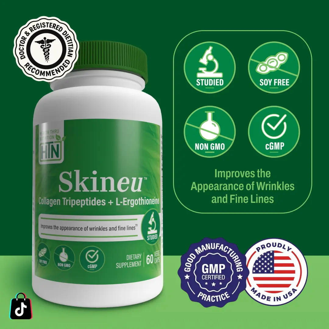 Health Thru Nutrition Skineu™ – Collagen Tripeptides + EGT L-Ergothioneine 60 Vegecaps | Skin Elasticity & Antioxidant