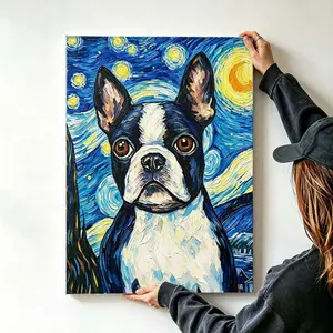 Van Gogh Style Boston Terrier Starry Night Canvas Wall Art, Artistic Hanging Canvas Print, Ready-to-Hang Wall Decoration for Home Living Room, Office decor lovely gift