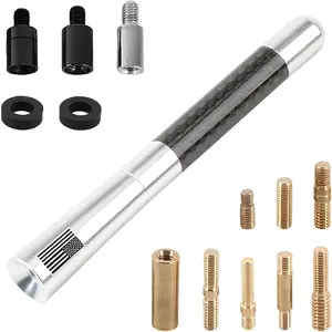 Carbon Fiber, American Flag, Silver, Short Bullet Truck Antenna Universal Fit, Anti-Theft Car Wash Safe Replacement, Exterior Accessories