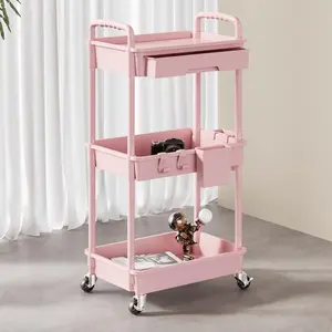 3 Tier Rolling Storage Cart With Drawers Rolling Utility Cart With Drawers Rolling Utility Cart Rolling Storage Organizer Tool For Kitchen,Bathroom,Living Room,Office Outdoor Decor Household Racks Shelf Pink