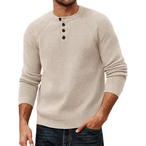 Mens Sweaters Casual Waffle Pullover Sweater Button Crewneck Textured Knit Henley Sweaters