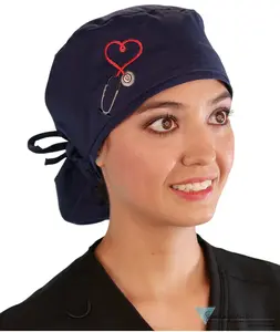 Big Hair Ponytail Scrub Cap for Long Hair - Heart Stethoscope Patch on Solid Navy Cap