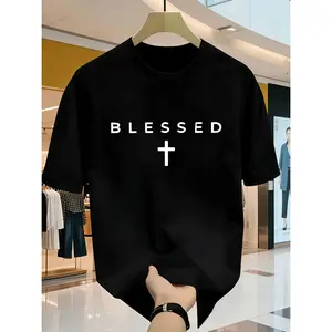 Men'S Religion Casual Short-Sleeved T-Shirt with BLESSED Letter and Faith Cross Print, Pure Cotton, Machine Washable
